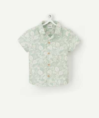 Shirt and polo Tao Categories - BABY BOYS' SHIRT IN SEA GREEN COTTON PRINTED WITH LEAVES