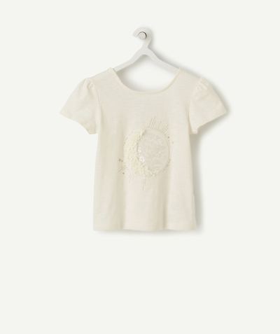 Girl Tao Categories - CREAM T-SHIRT IN ORGANIC COTTON WITH A DESIGN IN SEQUINS