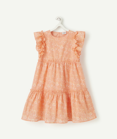 Dress Tao Categories - GIRLS' LONG DRESS IN PINK WITH A FLOWER PRINT AND GOLD COLOR TRIM