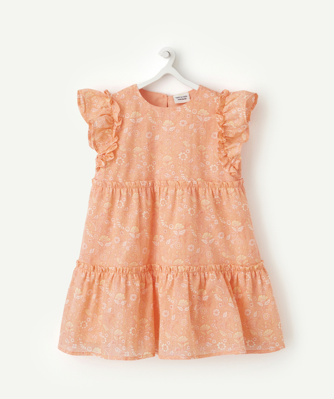 Dress Tao Categories - BABY GIRLS' PINK COTTON RUFFLED DRESS WITH A FLORAL PRINT