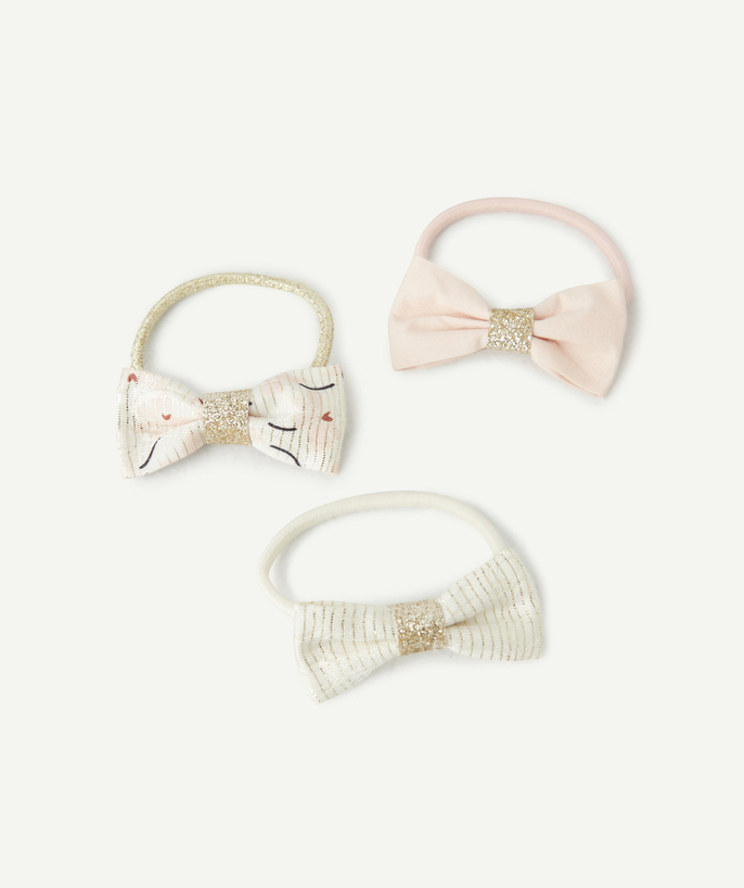 Hair Accessories Tao Categories - SET OF 3 GIRL'S ELASTIC BANDS WITH PINK GLITTER BOWS