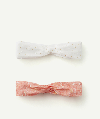 Hair Accessories Tao Categories - SET OF TWO PINK AND WHITE HEADBANDS WITH A FLORAL PRINT AND GOLD COLOR SPOTS