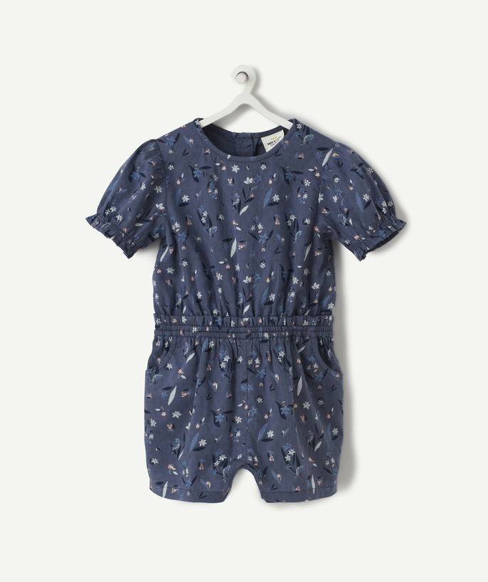 Outlet Tao Categories - BABY GIRLS' MIDNIGHT-BLUE COTTON PLAYSUIT WITH A FLOWER PRINT