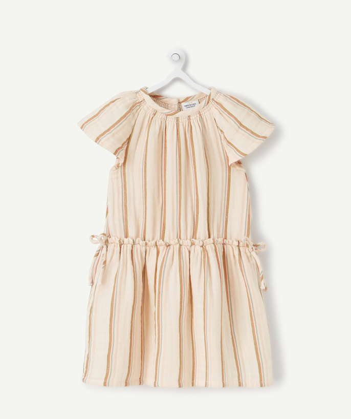 Dress Tao Categories - BABY GIRLS' DRESS IN PINK COTTON WITH COLOURED STRIPES