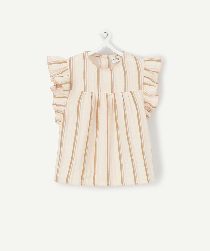 Shirt - Blouse Tao Categories - BABY GIRLS' PINK COTTON DRESS WITH COLOURED STRIPES