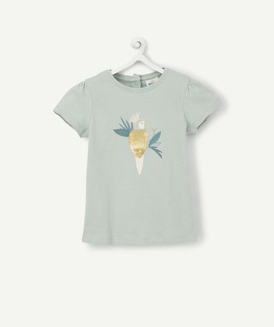 Low-priced looks Tao Categories - BABY GIRLS' T-SHIRT IN GREEN ORGANIC COTTON WITH A SEQUINNED BIRD