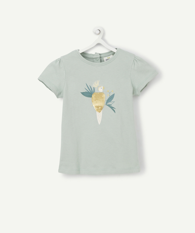 Baby girl Tao Categories - BABY GIRLS' T-SHIRT IN GREEN ORGANIC COTTON WITH A SEQUINNED BIRD