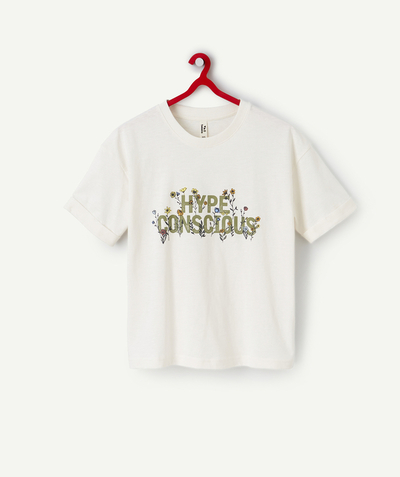 Girl Nouvelle Arbo   C - GIRLS' T-SHIRT IN CREAM ORGANIC COTTON WITH A MESSAGE AND FLOWERS