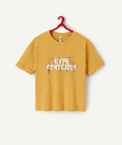 Girl Tao Categories - GIRLS' T-SHIRT IN MUSTARD YELLOW ORGANIC COTTON WITH A MESSAGE