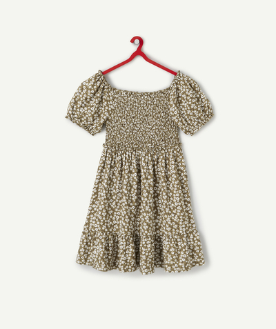 Outlet Tao Categories - GIRLS' DRESS IN ECO-FRIENDLY KHAKI VISCOSE WITH A FLORAL PRINT