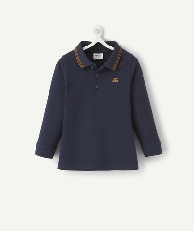 New collection Nouvelle Arbo   C - BABY BOYS' NAVY BLUE COTTON PIQUE POLO SHIRT WITH A MESSAGE