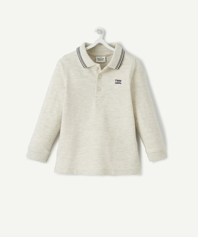 Shirt and polo Tao Categories - BABY BOYS' GREY COTTON PIQUE POLO SHIRT WITH AN EMBROIDERED MESSAGE