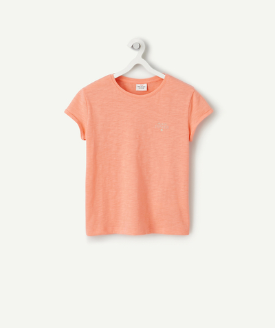 Clothing Nouvelle Arbo   C - GIRLS' FLUORESCENT ORANGE T-SHIRT IN RECYCLED FIBERS WITH A MESSAGE