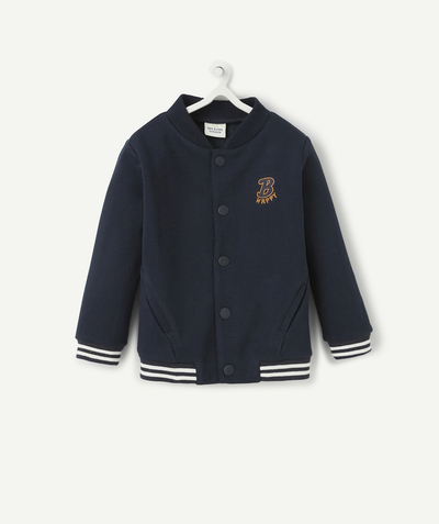 New collection Nouvelle Arbo   C - BABY BOYS' NAVY BLUE VARSITY-STYLE RECYCLED FIBERS CARDIGAN