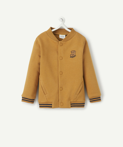 Cardigan Nouvelle Arbo   C - BABY BOYS' OCHRE VARSITY-STYLE CARDIGAN WITH NAVY BLUE DETAILS