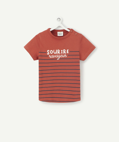 ECODESIGN Nouvelle Arbo   C - BABY BOYS' RED STRIPED T-SHIRT IN ORGANIC COTTON WITH A MESSAGE