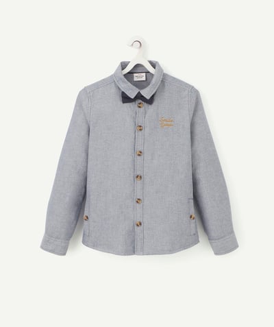 Shirt - Polo Nouvelle Arbo   C - BOYS' BLUE COTTON SHIRT WITH BOW AND MESSAGE