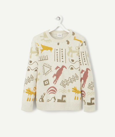 Pullover - Cardigan Tao Categories - BOYS' JUMPER IN CREAM COTTON WITH PRINTED PATTERNS