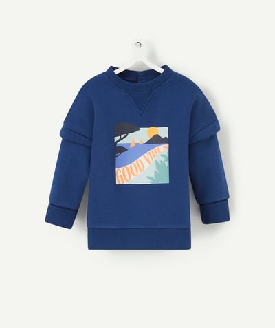 Outlet Tao Categories - EVOLVING NAVY BLUE SWEATSHIRT IN RECYCLED FIBRES WITH A FLOCKED BEACH DESIGN