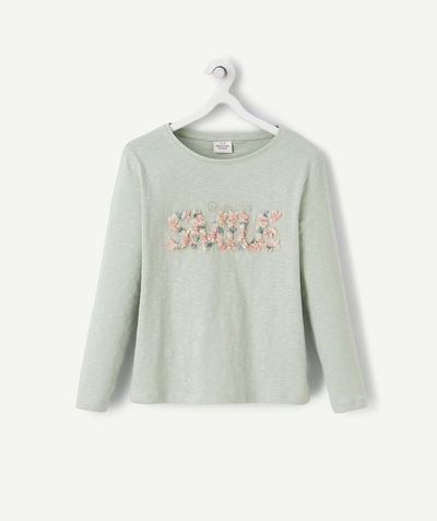 Low-priced looks Tao Categories - GIRLS' GREEN T-SHIRT IN COTTON WITH FLOWERS IN RELIEF