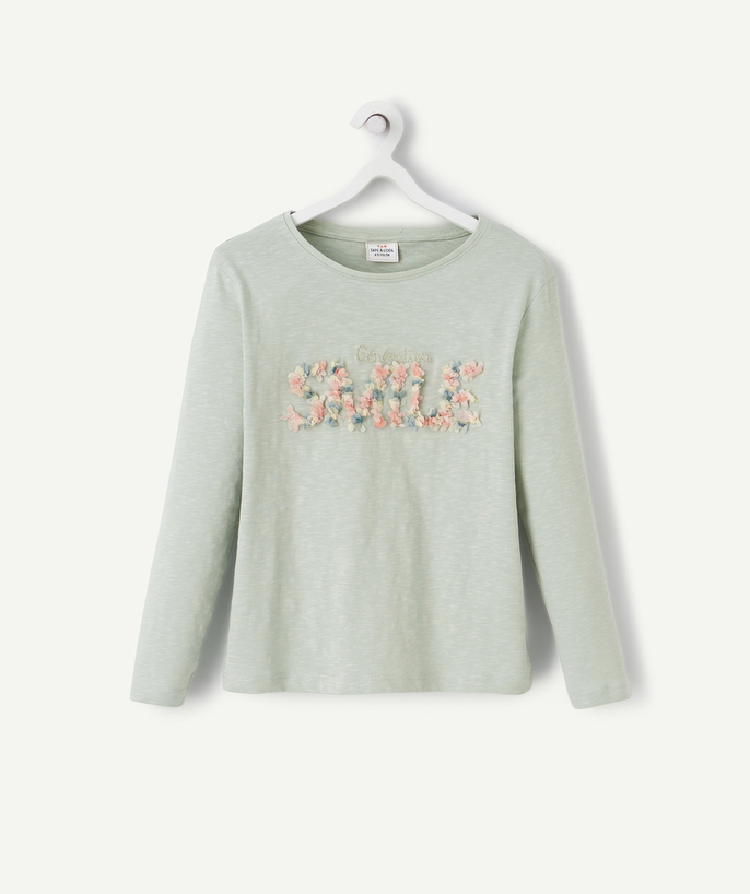 T-shirt - undershirt Tao Categories - GIRLS' GREEN T-SHIRT IN COTTON WITH FLOWERS IN RELIEF
