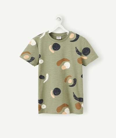 T-shirt Tao Categories - KHAKI T-SHIRT FOR BOYS IN ORGANIC COTTON WITH COLOURED SHAPES