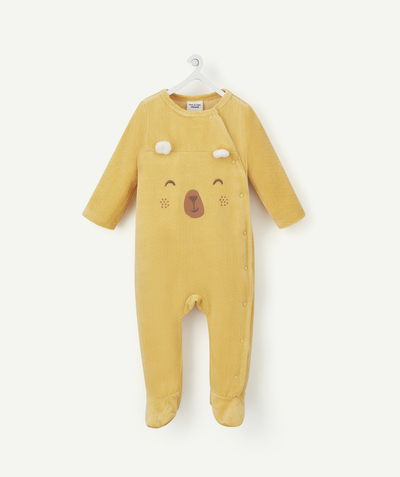 Baby girl Nouvelle Arbo   C - SLEEPSUIT IN YELLOW RECYCLED FIBERS VELVET WITH A BEAR MOTIF FOR NEWBORNS