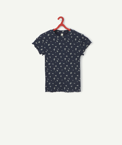 Girl Nouvelle Arbo   C - GIRLS' NAVY BLUE T-SHIRT IN ORGANIC COTTON WITH A FLORAL PRINT