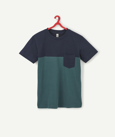 Tee-shirt, shirt, polo Nouvelle Arbo   C - BOYS NAVY BLUE AND GREEN T-SHIRT IN RECYCLED FIBERS WITH A POCKET