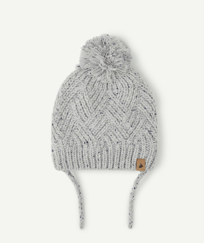Knitwear accessories Tao Categories - BABY BOYS' PALE GREY CABLE KNIT HAT WITH A POMPOM