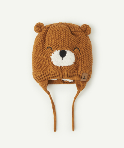 Knitwear accessories Nouvelle Arbo   C - BABY BOYS' CAMEL COLOURED KNITTED AND FLEECE HAT WITH A BEAR