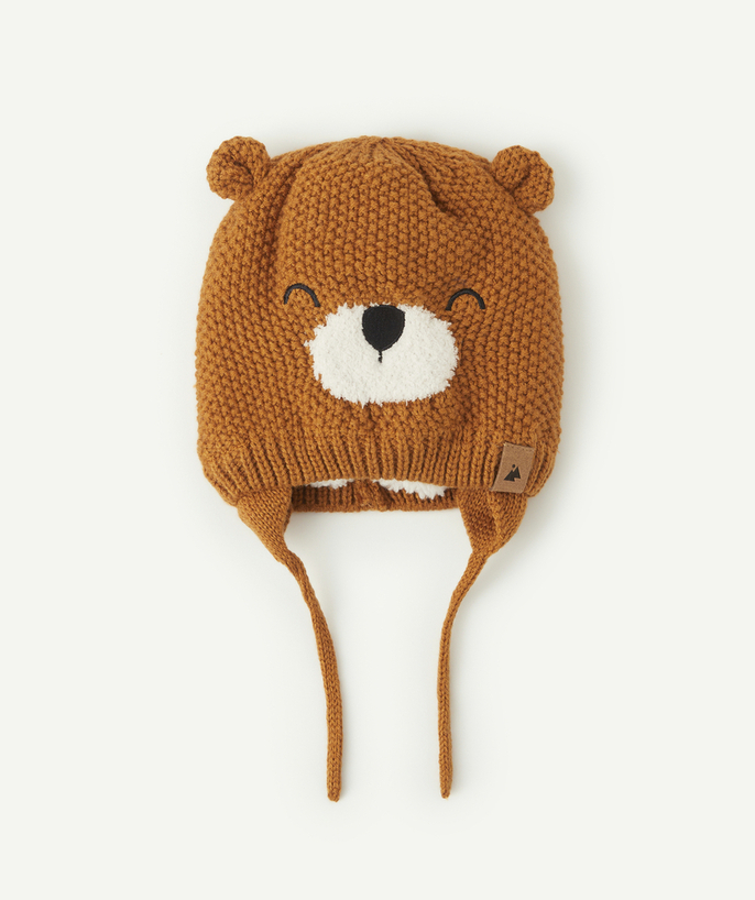 Knitwear accessories Tao Categories - BABY BOYS' CAMEL COLOURED KNITTED AND FLEECE HAT WITH A BEAR