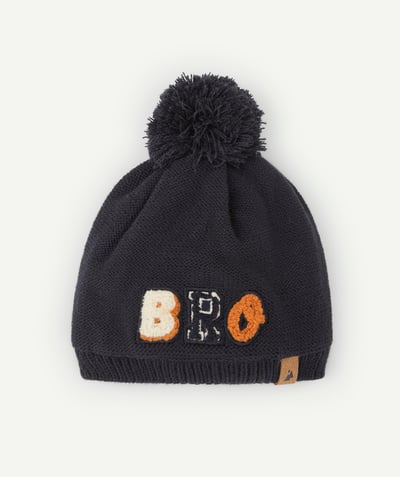 Knitwear accessories Nouvelle Arbo   C - BABY BOYS' BLUE HAT WITH A BRO MESSAGE IN RECYCLED FIBRES