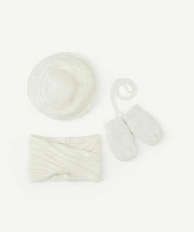 ECODESIGN Nouvelle Arbo   C - WHITE KNITTED ACCESSORY SET WITH A BERET, MITTENS AND SNOOD IN RECYCLED FIBRES
