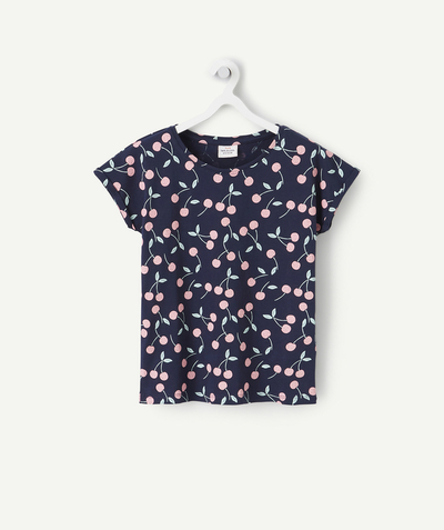 Girl Nouvelle Arbo   C - GIRLS' T-SHIRT IN RECYCLED NAVY BLUE COTTON WITH A CHERRY PRINT