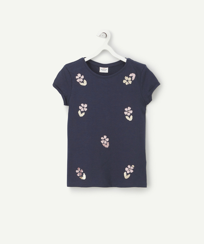 Clothing Nouvelle Arbo   C - GIRLS' T-SHIRT IN RECYCLED FIBERS, NAVY BLUE WITH SEQUINS