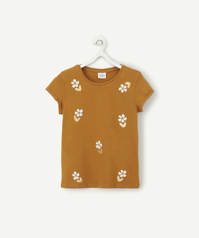 Girl Tao Categories - GIRLS' T-SHIRT IN OCHRE RECYCLED FIBERS WITH REVERSIBLE SEQUINS