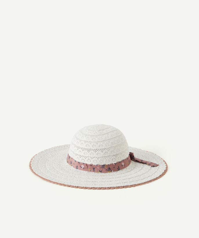 Hats - Caps Tao Categories - GIRLS' WHITE BRODERIE ANGLAIS HAT WITH A FLORAL RIBBON