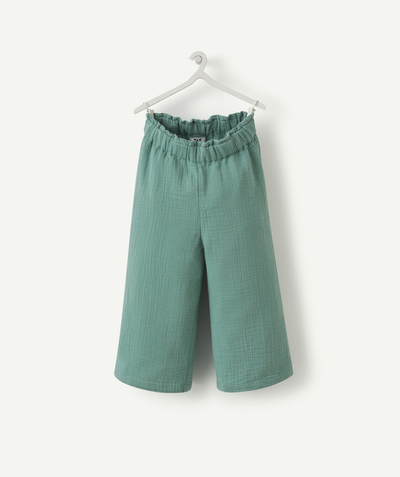 Evolutionary clothing Tao Categories - EVOLVING FLOWING TROUSERS FOR GIRLS IN GREEN COTTON GAUZE