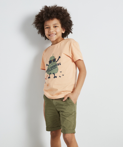 Boy Nouvelle Arbo   C - BOYS' PEACH T-SHIRT IN ORGANIC COTTON WITH A FUNNY PRINT AND A MESSAGE