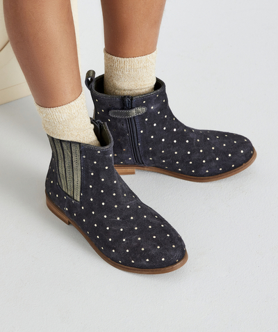 Shoes, booties Nouvelle Arbo   C - GIRLS' NAVY BLUE VEGETABLE TANNED ANKLE BOOTS WITH GOLD COLOR SPOTS