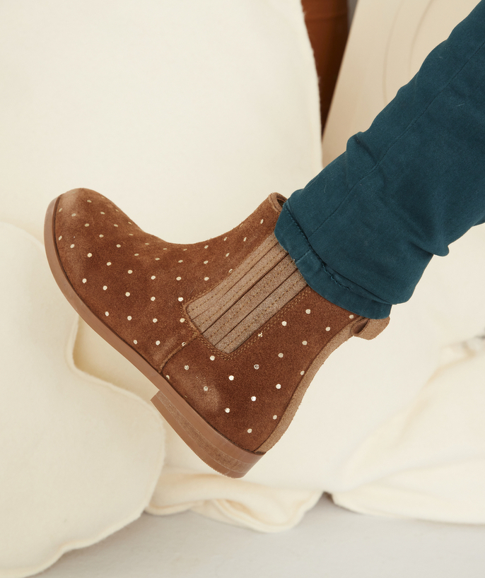 Boots Tao Categories - GIRLS' CAMEL LEATHER ANKLE BOOTS WITH GOLD COLOR SPOTS
