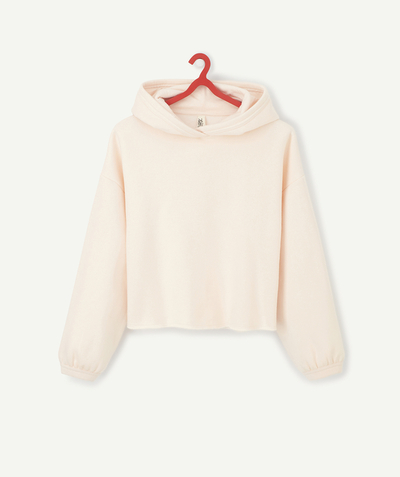 Basics family - GIRLS' PALE PINK HOODED SWEATSHIRT WITH A RIPPED FINISH