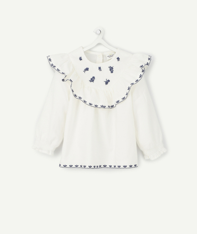 Baby girl Nouvelle Arbo   C - BABY GIRLS' WHITE BLOUSE WITH BLUE EMBROIDERY AND FRILLS