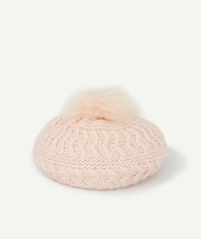 Outlet Tao Categories - BABY GIRLS' POWDER PINK BERET IN RECYCLED FIBRES WITH POMPOMS