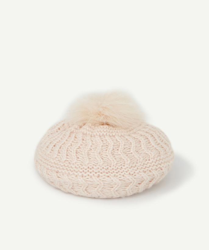 Knitwear accessories Tao Categories - BABY GIRLS' POWDER PINK BERET IN RECYCLED FIBRES WITH POMPOMS