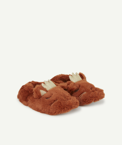 Party pyjamas Tao Categories - GIRLS' VERY SOFT RUST AND SPARKLING GOLD COLOR CAT SLIPPERS