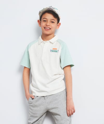Boy Nouvelle Arbo   C - BOYS' TWO-TONE POLO SHIRT IN WHITE AND MINT COTTON WITH A PATCH
