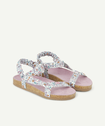 Sandals - Ballerina Tao Categories - GIRLS' PINK AND WHITE FLOWER-PATTERNED SANDALS WITH HOOK AND LOOP FASTENINGS