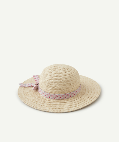Hats - Caps Nouvelle Arbo   C - GIRLS' STRAW HAT WITH A CORD IN PINK FLOWERED FABRIC